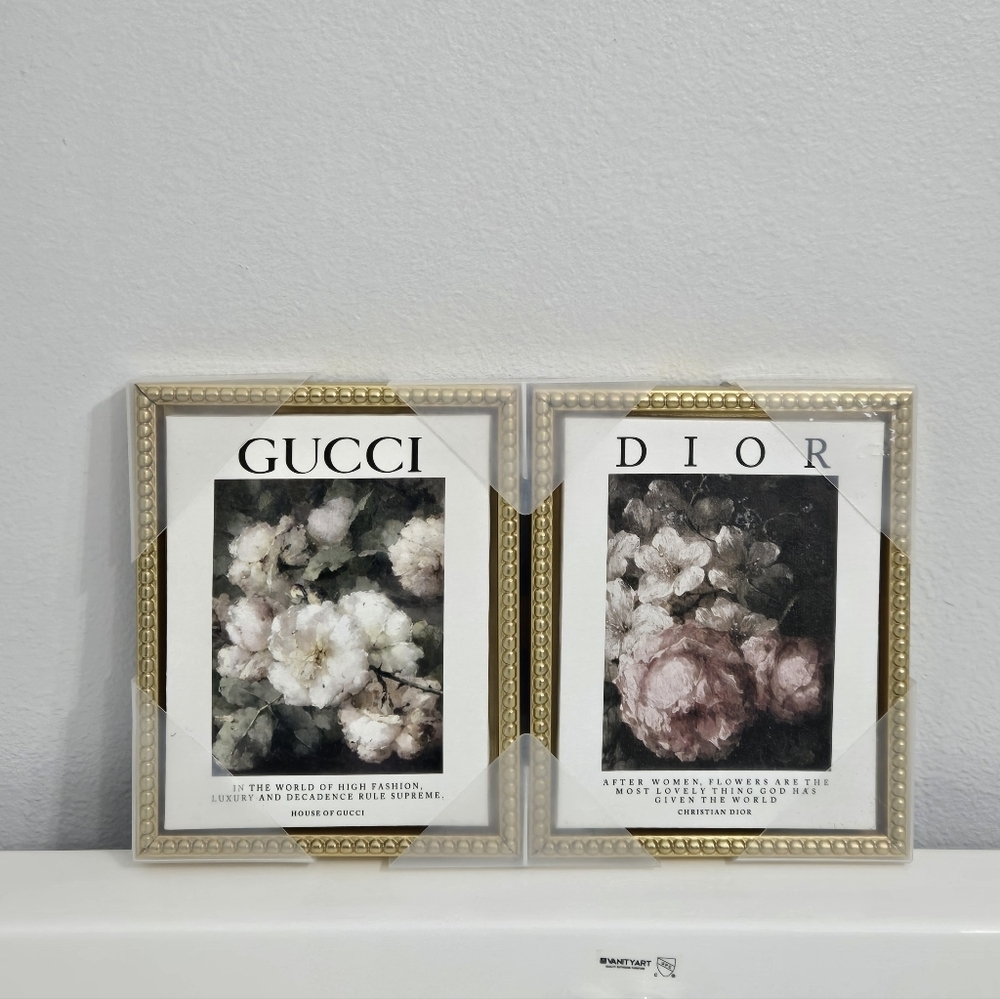 Gucci And Dior Floral Art Prints in Gold Frames